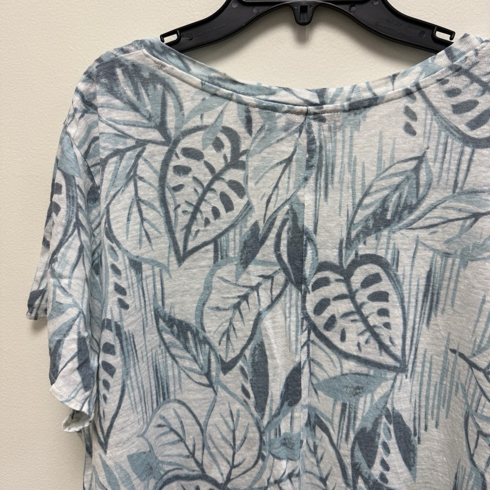 Tahari 100% Linen Top Womens 2X Blue Tropical Leaf Print V Neck Blouse - Picture 9 of 9